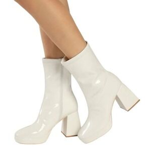 NEW Lulus Edmen Off White Patent Platform Mid-Calf Boots Size 7 Retro Go-Go
